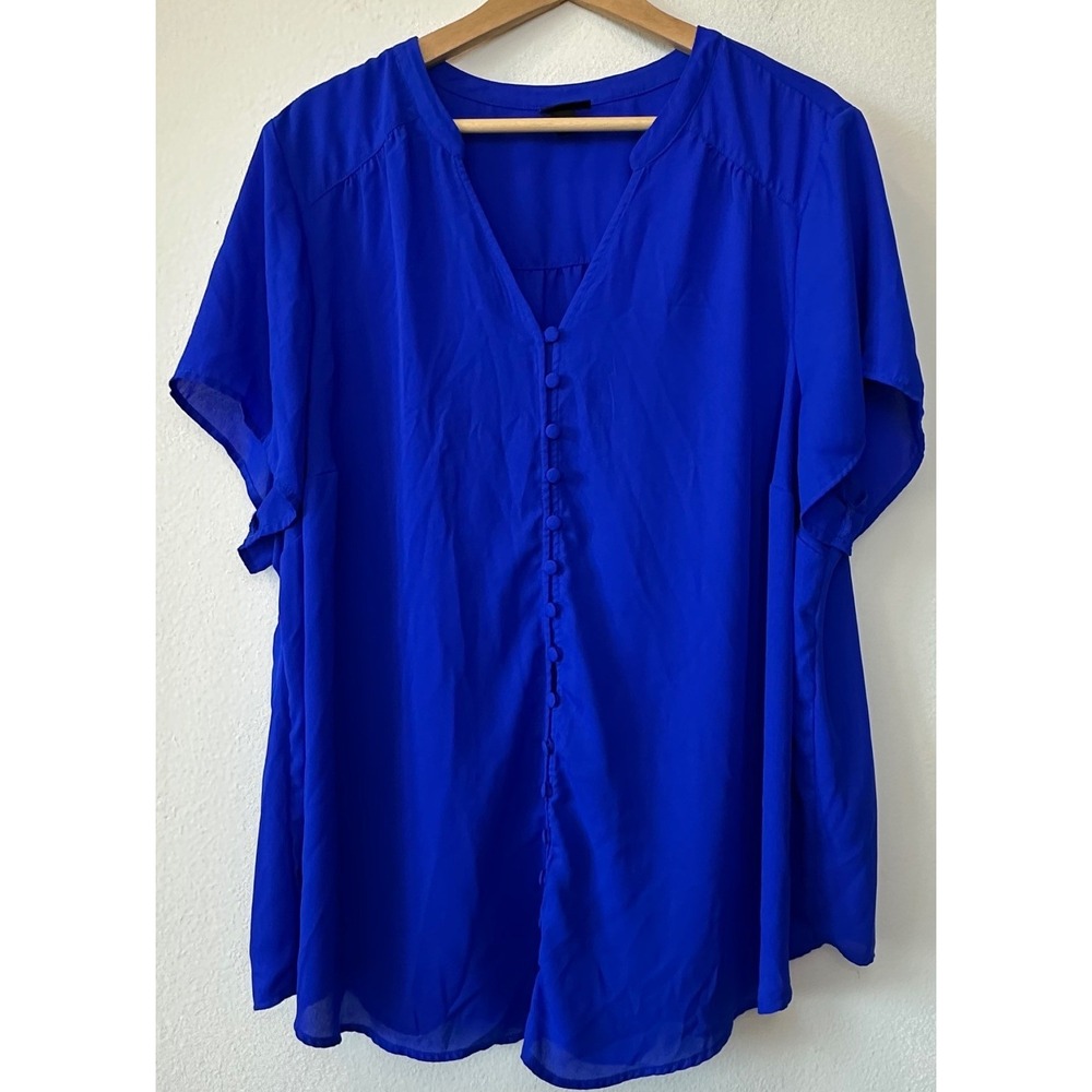 Royal Blue V-Neck Button Down Short Sleeve Blouse RN 148862 Plus Size